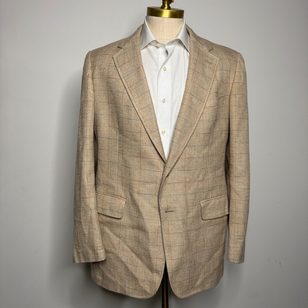Cricketeer Sport Coat Mens 42R Tan Windowpane Plaid Vintage Two Button Blazer
